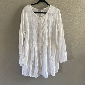 FLAX Tunic Blouse Womens Medium White Button up Linen Lagonlook Oversized Beach